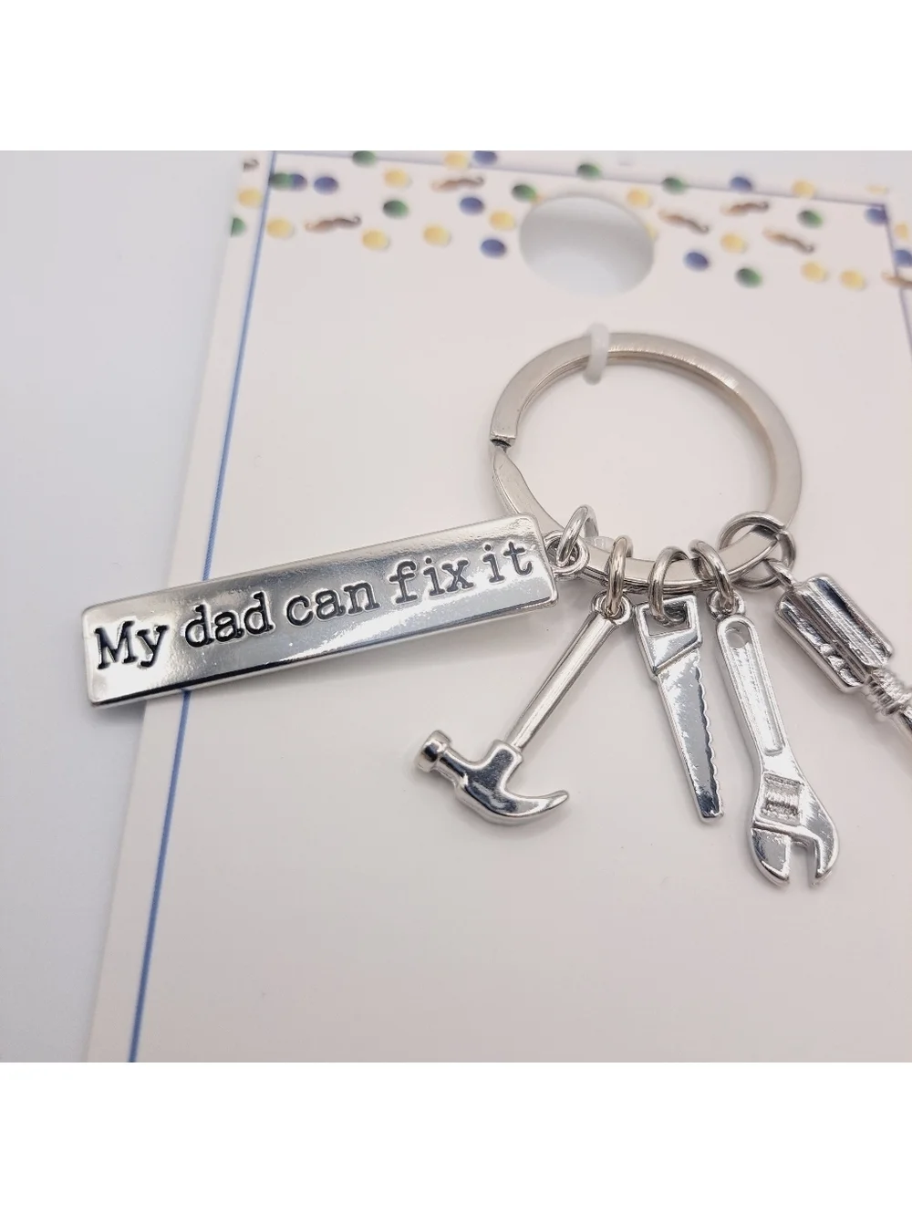 Fathers Day My Dad Can Fix It Keyring with Tool Charms Stocking Stuffer Silver